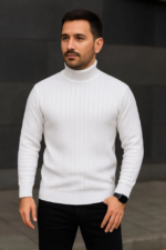 Erkek Fitilli Triko Kazak 2li Set Beyaz Siyah Regular Balıkcı Yaka Tam Boğazlı Triko Seti Modeli Kazak - Görsel 3