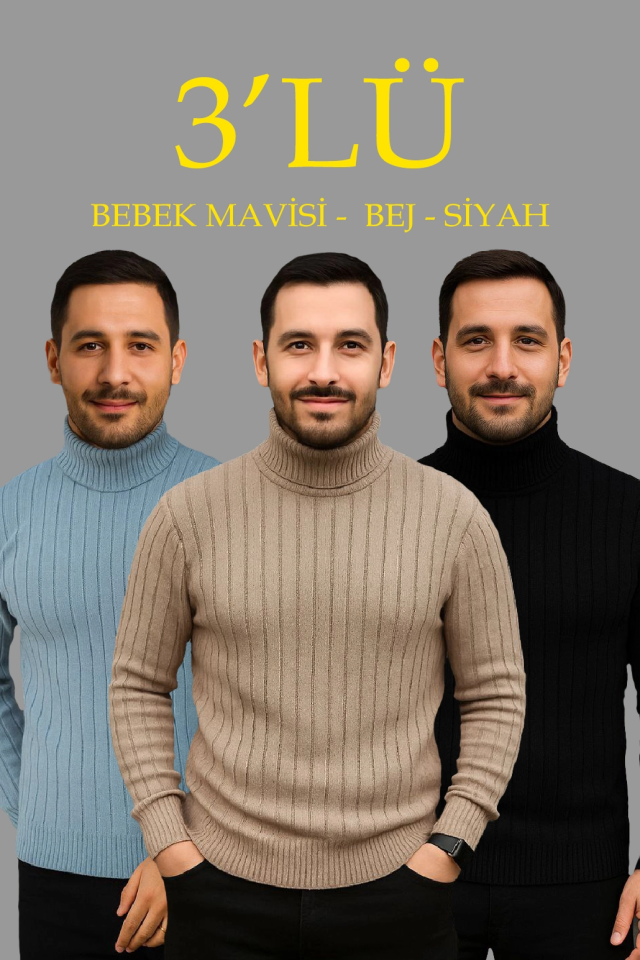 TY691ce2d043a05691ce2d043a07.png Erkek Fitilli Triko Kazak 3lÜ Set Bebek Mavisi Bej Siyah Regular Balıkcı Yaka Tam Boğazlı Triko Seti Modeli Kazak - Görsel 1