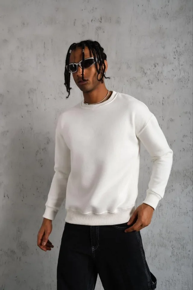 TY694f563d3fd06694f563d3fd0a.webp Erkek Düz Bisiklet Yaka Sweat - Beyaz - Görsel 1