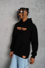Erkek Armalı Baskılı Kapüşonlu Sweatshirt - Siyah