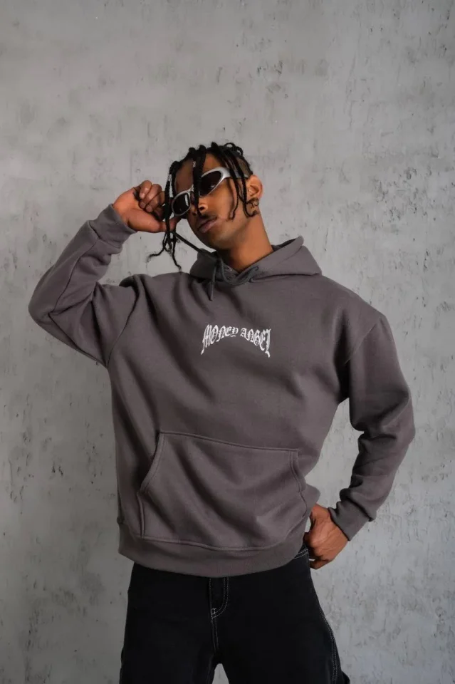 TY694f5ccc59274694f5ccc59275.webp Erkek Kordon İpli Baskılı Kapüşonlu Sweatshirt - Füme - Görsel 1
