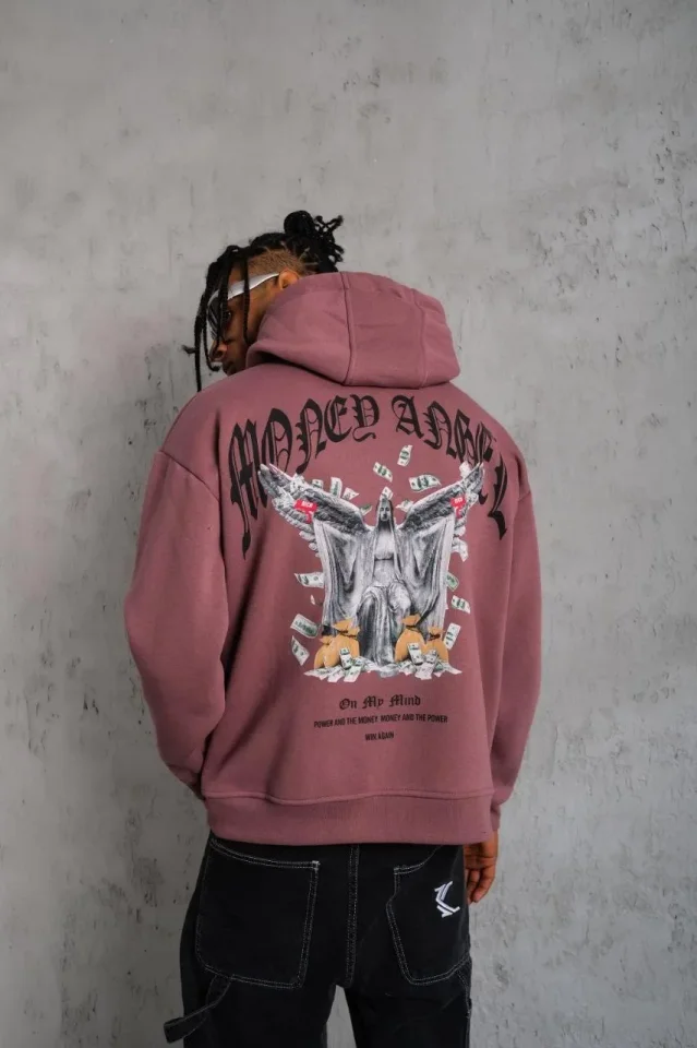 TY694f5ccfded75694f5ccfded76.webp Erkek Kordon İpli Baskılı Kapüşonlu Sweatshirt - Gül Kurusu - Görsel 1