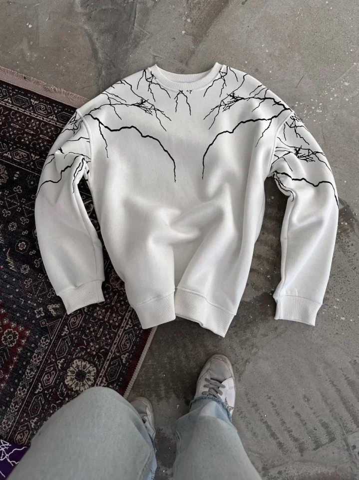 TY694f9c5a28a77694f9c5a28a79.webp Yıldırım Baskılı Bisiklet Yaka SweatShirt - Beyaz - Görsel 1
