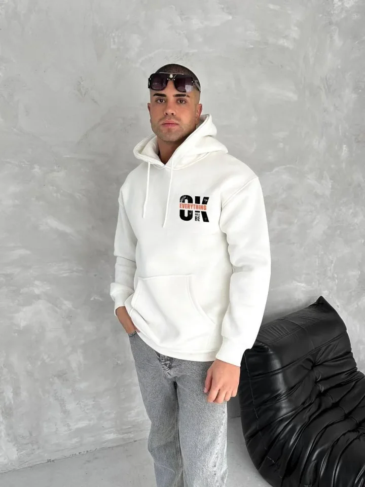 TY695b5e63ccc18695b5e63ccc19.webp Oversize Üç İplik Kapüşonlu SweatShirt - Beyaz - Görsel 1