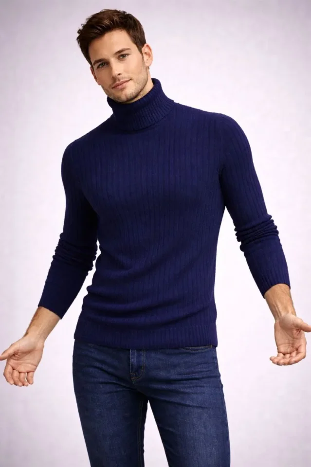TY695b6452a7126695b6452a7129.webp Erkek Balıkcı Yaka Bağazlı Triko Kazak Pamuklu Kalın Fitilli Dokuma, Regular Fit Uzun Kollu Kışlık Model - Lacivert - Görsel 1