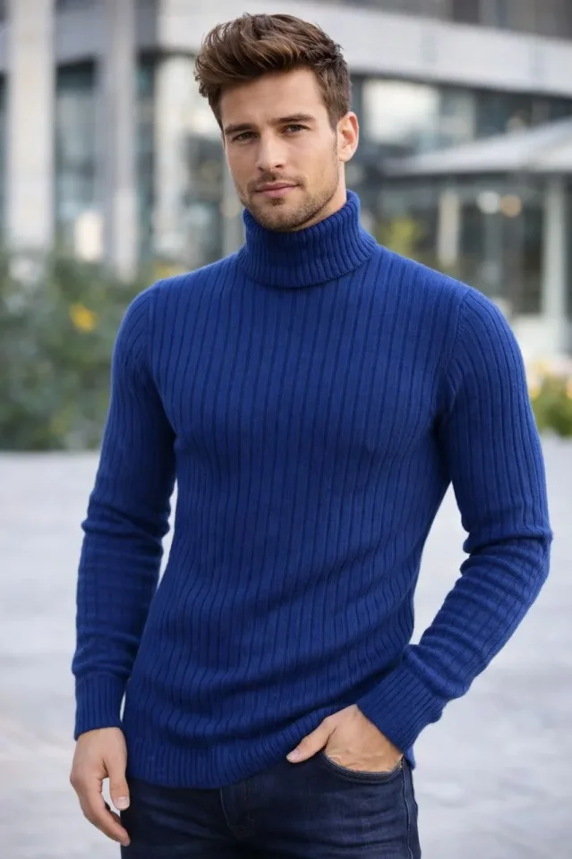TY695b6458d38db695b6458d38de.webp Erkek Balıkcı Yaka Bağazlı Triko Kazak Pamuklu Kalın Fitilli Dokuma, Regular Fit Uzun Kollu Kışlık Model - İndigo - Görsel 1