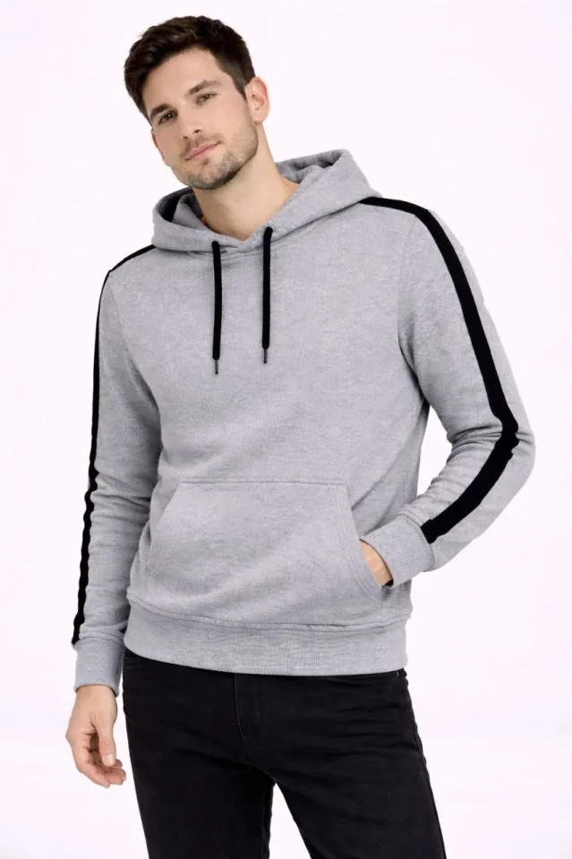 TY695b645fd4d08695b645fd4d0a.webp Erkek Şeritli Kapüşonlu Sweatshirt Oversize 3 Iplik Pamuklu - Gri - Görsel 1