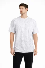 Erkek Asit Yıkama Bisiklet Yaka Kısa Kollu Oversize T-Shirt Tişört - Beyaz - Görsel 2