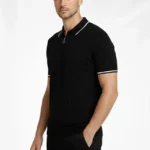 Erkek Fermuarlı Yaka Fitilli Triko Kısa Kollu Regular Fit Tişört T-shirt - Siyah