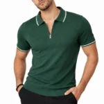 Erkek Fermuarlı Yaka Fitilli Triko Kısa Kollu Regular Fit Tişört T-shirt - Yeşil