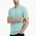 Erkek Triko Kumaş Yakalı Düğmesiz Açık Yaka Fitilli Kısa Kollu Regular Fit Tişört T-shirt - Mint Yeşili