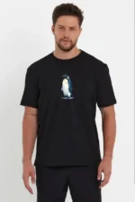 Erkek Oversize Tişört - Sırt Baskılı Survivor Penguin Temalı, Felsefi Yazılı Bisiklet Yaka Tişört - Siyah