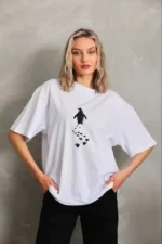Nihilist Penguen Temalı Oversize Bisiklet Yaka Tişört - Beyaz - Görsel 2