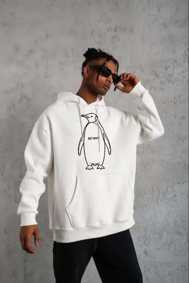 TY697b8df23f3c5697b8df23f3c7.webp Erkek Nihilist Penguen Özel Tasarım Oversize Kapüşonlu Sweatshirt - Beyaz - Görsel 1
