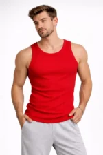 Erkek Fitilli Atlet Sıfır Yaka Slim Fit Arka Baskılı Spor Atlet - Kırmızı - Görsel 2