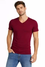 Erkek T-Shirt V Yaka Slim Fit Dar Kesim Likralı Tişört Günlük Basic Body - Bordo