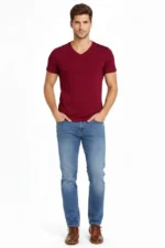 Erkek T-Shirt V Yaka Slim Fit Dar Kesim Likralı Tişört Günlük Basic Body - Bordo - Görsel 2
