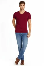 Erkek T-Shirt V Yaka Slim Fit Dar Kesim Likralı Tişört Günlük Basic Body - Bordo - Görsel 3