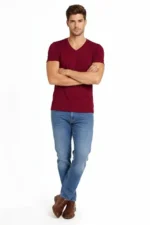 Erkek T-Shirt V Yaka Slim Fit Dar Kesim Likralı Tişört Günlük Basic Body - Bordo - Görsel 4