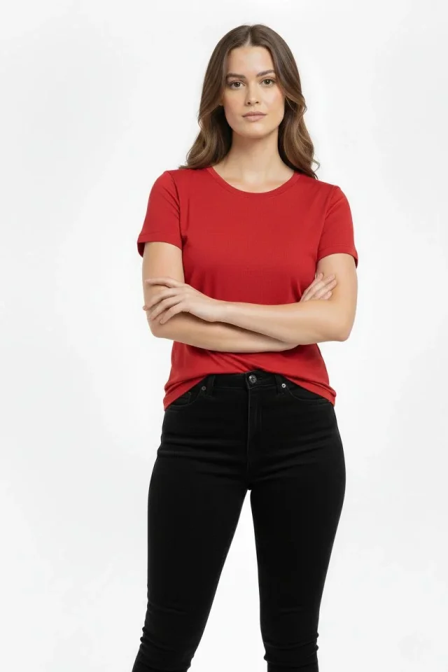 TY699db8cdc7060699db8cdc7062.webp T-Shirt Bisiklet Yaka Slim Fit Likralı Tişört Günlük Basic Body - Kırmızı - Görsel 1