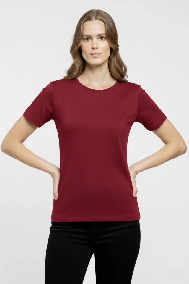 TY699db8ed2286b699db8ed2286d.webp T-Shirt Bisiklet Yaka Slim Fit Likralı Tişört Günlük Basic Body - Bordo - Görsel 1
