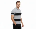 Erkek T-shirt Çizgili Triko Dokuma Kumaş Polo Yaka Yarım Fermuarlı Regular Kalıp Tişört - Gri
