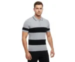 Erkek T-shirt Çizgili Triko Dokuma Kumaş Polo Yaka Yarım Fermuarlı Regular Kalıp Tişört - Gri - Görsel 2