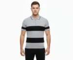 Erkek T-shirt Çizgili Triko Dokuma Kumaş Polo Yaka Yarım Fermuarlı Regular Kalıp Tişört - Gri - Görsel 3