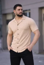 Erkek Waffle Dokuma Açık Yakalı Düğmeli Regular Kalıp 2’li Gömlek Seti - Haki - Bej - Görsel 2