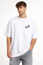 Erkek Bisiklet Yaka Baskılı Kısa Kollu Tişört Streetwear Günlük Basic Pamuklu T-shirt - Beyaz - Görsel 2