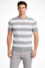 Erkek T-shirt Çizgili Triko Dokuma Bisiklet Yaka Tişört - Gri