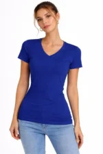 2li V Yaka Tişört – Kısa Kollu Yazlık Slim Fit Body - Saks Mavisi - Ekru - Görsel 2