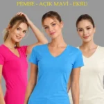 3lü V Yaka Tişört – Kısa Kollu Yazlık Slim Fit Body - Pembe, Açık Mavi, Ekru