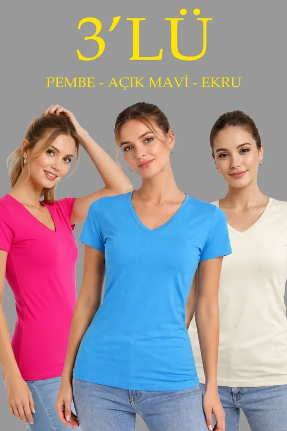 TY69a99d5ee96e269a99d5ee96e4.webp 3lü V Yaka Tişört – Kısa Kollu Yazlık Slim Fit Body - Pembe, Açık Mavi, Ekru - Görsel 1