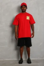 Erkek Baskılı T-Shirt Kısa Kol Bisiklet Yaka Regular Fit Rahat Kalıp Günlük Tişört - Kırmızı - Görsel 3