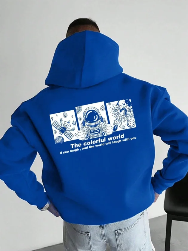 TY69bb2a566054669bb2a5660548.webp Erkek Kapüşonlu Oversize Üç İplik Pamuklu Astronot Temalı Renkli Dünya Baskılı - Saks Mavisi - Görsel 1