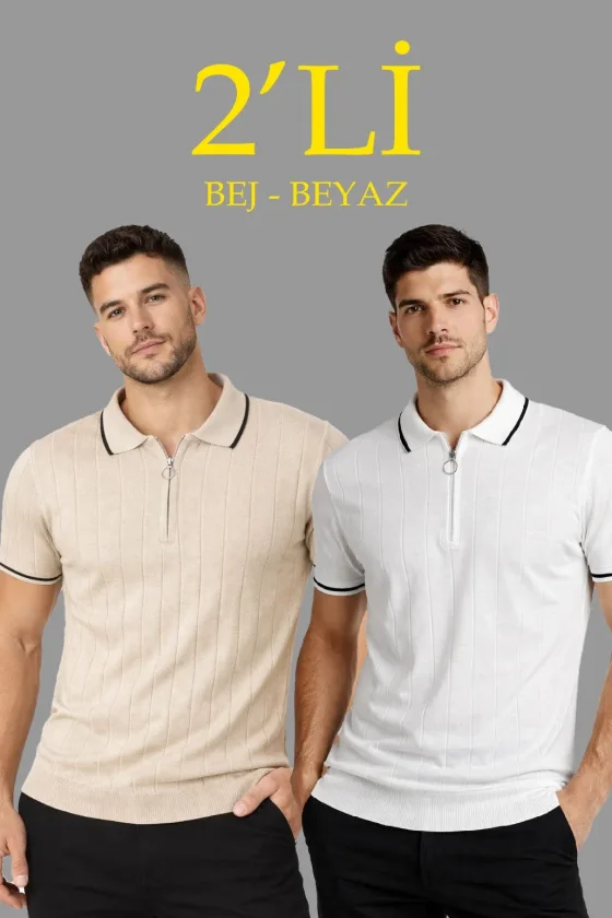 TY69c04d2432a7969c04d2432a7a.webp Erkek Dokuma Triko Tişört Fermuar Yakalı Yazlık Kısa Kol T-Shirt 2’li Set Bej-Beyaz - Görsel 1