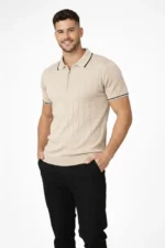 Erkek Dokuma Triko Tişört Fermuar Yakalı Yazlık Kısa Kol T-Shirt 2’li Set Bej-Beyaz - Görsel 4