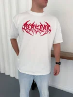 Erkek Baskılı T-Shirt Yazlık Kısa Kol Bisiklet Yaka Rahat Kalıp Tişört - Beyaz - Görsel 2