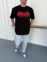 Erkek Baskılı T-Shirt Yazlık Kısa Kol Bisiklet Yaka Rahat Kalıp Tişört - Siyah - Görsel 2