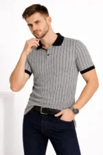 Erkek Polo Yaka Çizgili Tişört Kısa Kol Düğmeli Yazlık T-Shirt - Gri