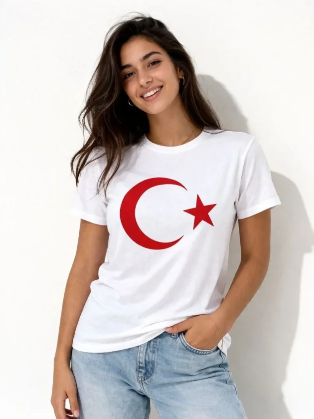 TY69c6d6962499169c6d69624993.webp T-Shirt Kısa Kol Bisiklet Yaka Ay Yıldız Bayrak Baskılı Tişört - Beyaz - Görsel 1
