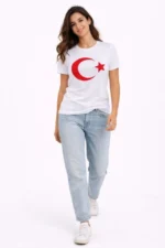 T-Shirt Kısa Kol Bisiklet Yaka Ay Yıldız Bayrak Baskılı Tişört - Beyaz - Görsel 2