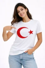 T-Shirt Kısa Kol Bisiklet Yaka Ay Yıldız Bayrak Baskılı Tişört - Beyaz - Görsel 3