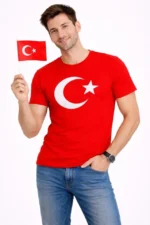 Erkek T-Shirt Kısa Kol Bisiklet Yaka Ay Yıldız Bayrak Baskılı Tişört - Kırmızı - Görsel 2