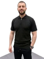 Erkek Yazlık Triko Saç Örgü Tişört Kısa Kol Polo Yaka Fermuarlı T-Shirt - Siyah - Görsel 4