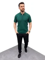 Erkek Yazlık Triko Saç Örgü Tişört Kısa Kol Polo Yaka Fermuarlı T-Shirt - Haki - Görsel 2