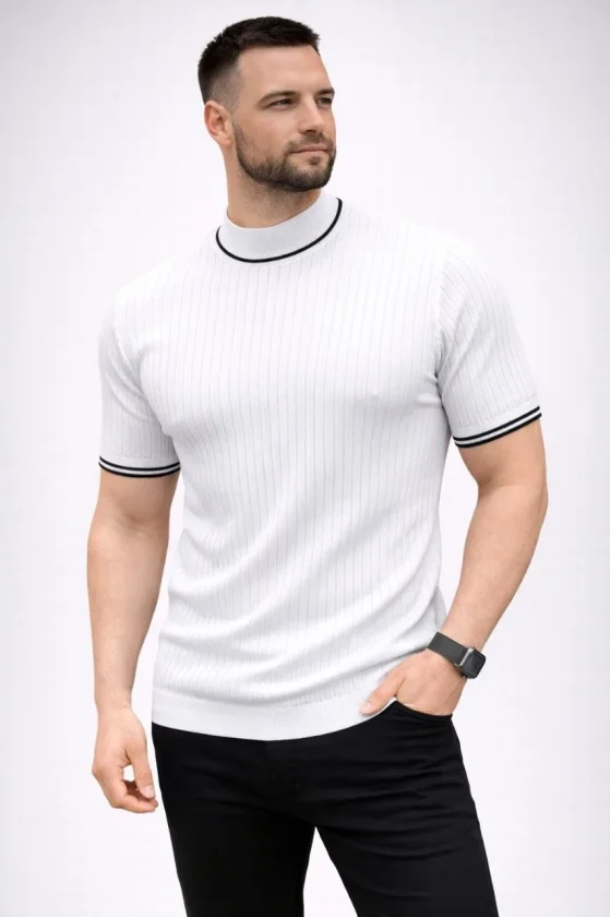 TY69c95d77b963469c95d77b9635.webp Erkek Fitilli Triko Dokuma Kısa Kol Tişört Yarım Boğaz Modern Yazlık T-Shirt - Beyaz - Görsel 1