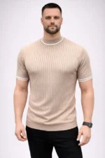 Erkek Fitilli Triko Dokuma Kısa Kol Tişört Yarım Boğaz Modern Yazlık T-Shirt - Bej - Görsel 2