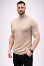 Erkek Fitilli Triko Dokuma Kısa Kol Tişört Yarım Boğaz Modern Yazlık T-Shirt - Bej - Görsel 3